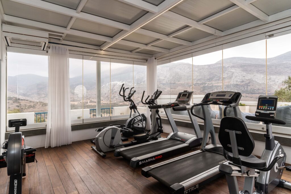 Modern fitness center with panoramic mountain views at Aegialis Hotel & Spa, Greece.