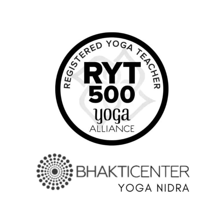 Registered Yoga Teacher RYT 500 Yoga Alliance certification badge with Bhakti Center Yoga Nidra logo in black and white.