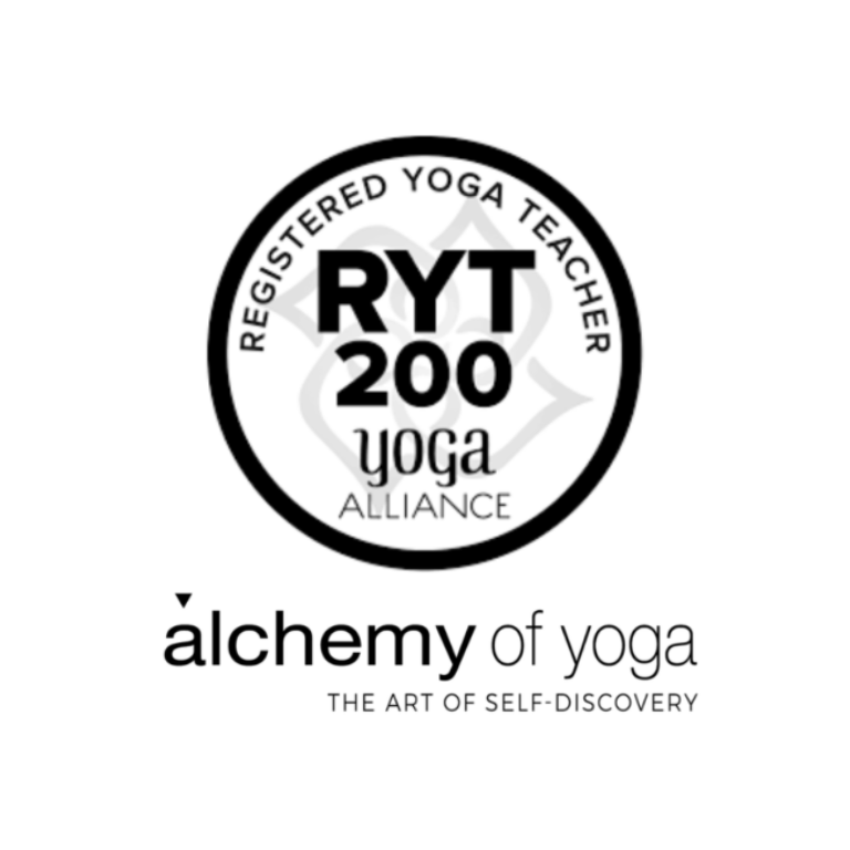 Registered Yoga Teacher RYT 200 Yoga Alliance badge with Alchemy of Yoga logo and tagline 'The Art of Self-Discovery' in black and white.