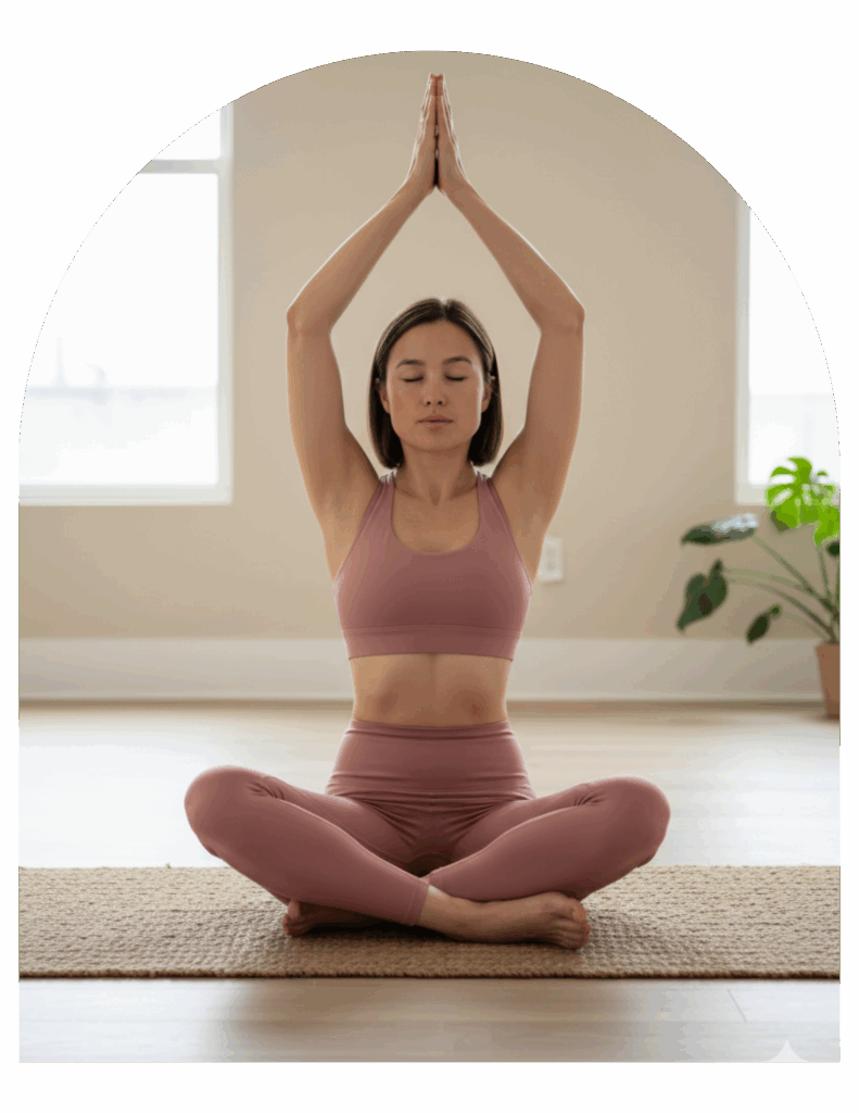 Woman practicing seated yoga pose with hands overhead in a peaceful indoor studio
